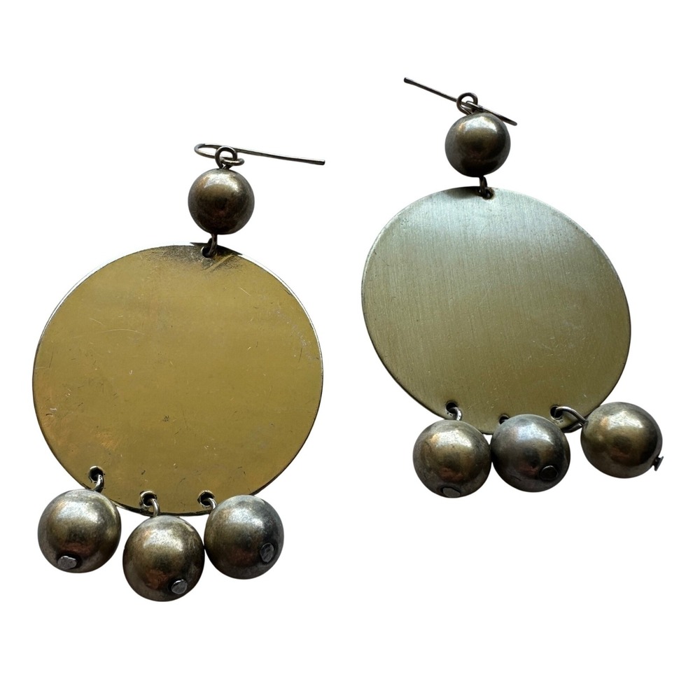 Brutalist Brass Tone Large Disc Orb Dangle Drop Earrings Modernist Statement
